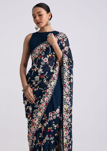Midnight Blue Saree With Parsi Gara Work