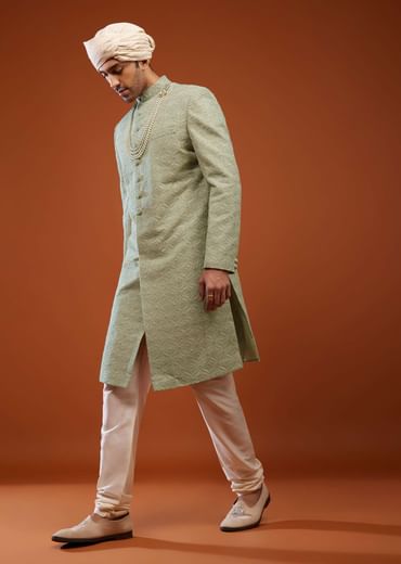 Pista Green Embroidered Sherwani Set In Tussar Silk