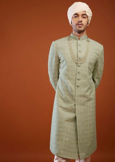 Pista Green Embroidered Sherwani Set In Tussar Silk