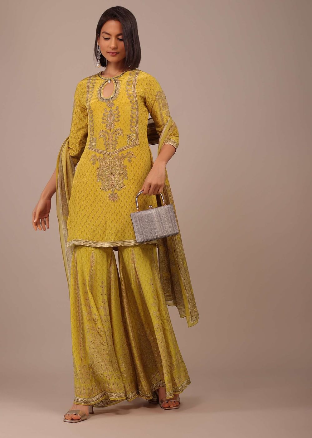 Daffodil Yellow Printed Sharara Suit With Stonework In Crepe