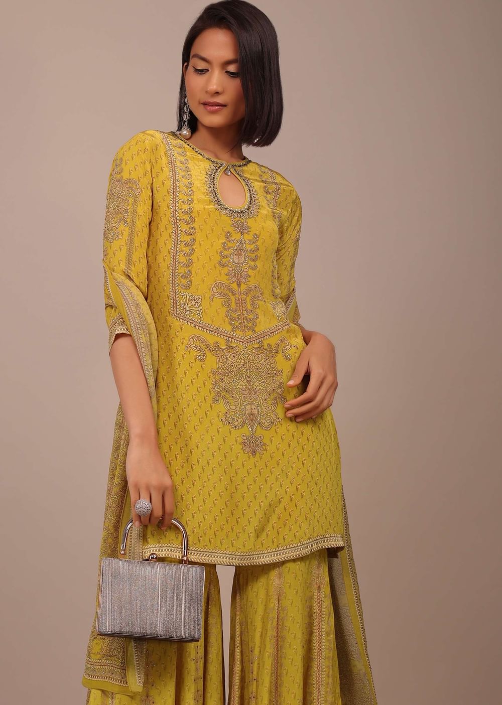 Daffodil Yellow Printed Sharara Suit With Stonework In Crepe