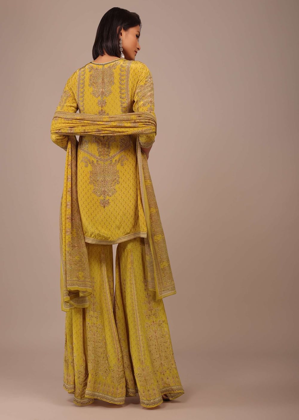 Daffodil Yellow Printed Sharara Suit With Stonework In Crepe