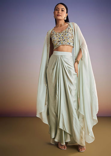 Mint Blue Organza Cape Set With Sequins And Thread Work