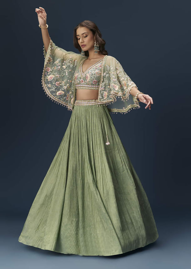 Mint Green Bridesmaid Lehenga With Embroidered Cape