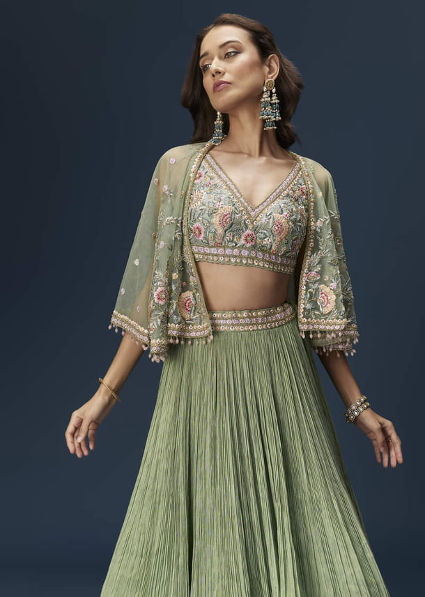 Mint Green Bridesmaid Lehenga With Embroidered Cape