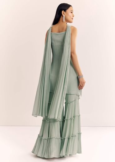 Mint Green Chinon Kurta Set With Cutdana Moti And Choker Dupatta