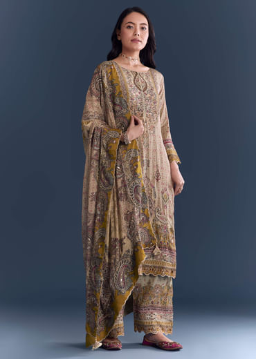 Mint Green Crepe Kurta Set With Paisley And Floral Print