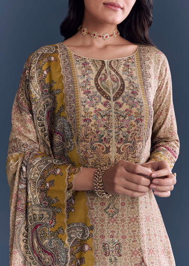 Mint Green Crepe Kurta Set With Paisley And Floral Print