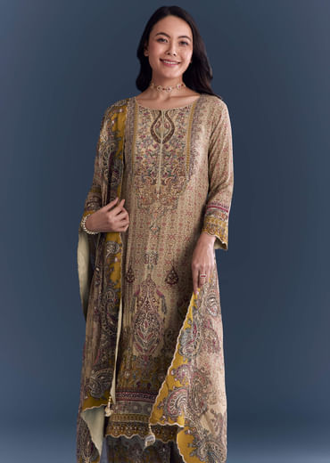 Mint Green Crepe Kurta Set With Paisley And Floral Print