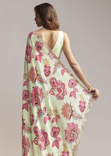 Mint Green Crepe Saree With Embroidered Scallop Border