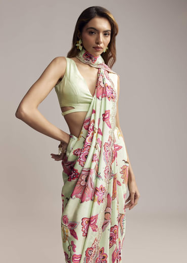 Mint Green Crepe Saree With Embroidered Scallop Border
