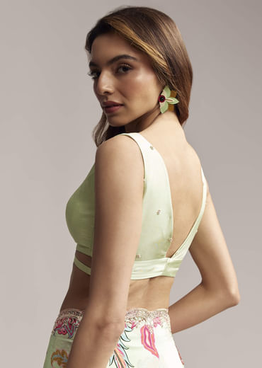 Mint Green Crepe Saree With Embroidered Scallop Border