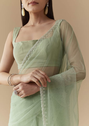 Mint Green Cutwork Embellished Saree with Unstitched Blouse