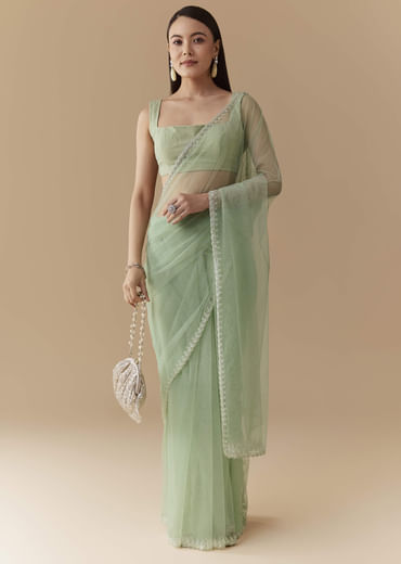 Mint Green Cutwork Embellished Saree with Unstitched Blouse