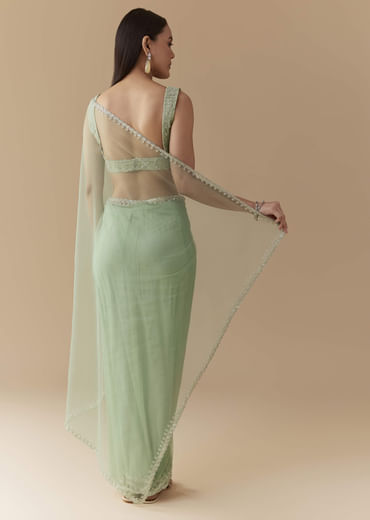 Mint Green Cutwork Embellished Saree with Unstitched Blouse