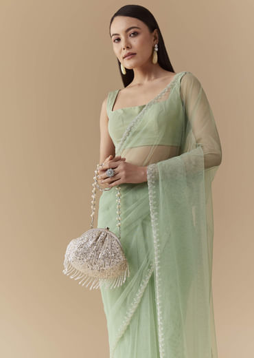 Mint Green Cutwork Embellished Saree with Unstitched Blouse