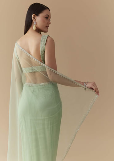Mint Green Cutwork Embellished Saree with Unstitched Blouse
