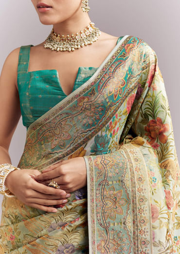 Mint Green Dola Silk Woven Saree With Embroidered Nature Motifs