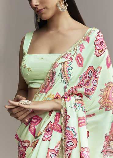 Mint Green Floral Crepe Saree With Scallop Border