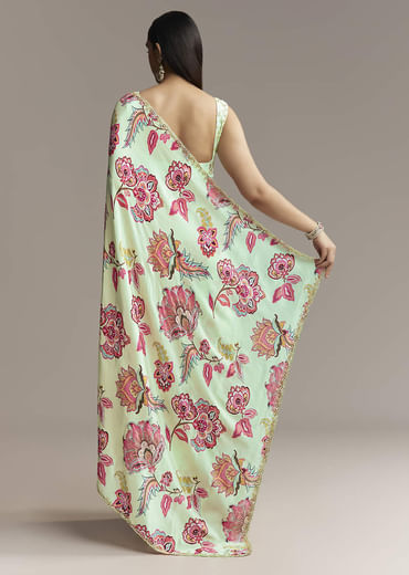 Mint Green Floral Crepe Saree With Scallop Border