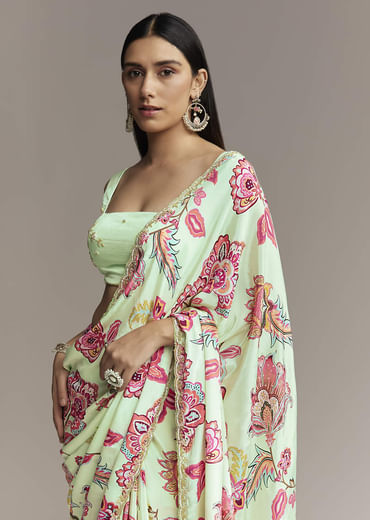 Mint Green Floral Crepe Saree With Scallop Border