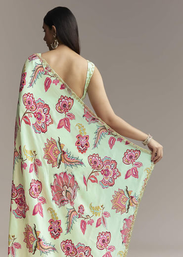 Mint Green Floral Crepe Saree With Scallop Border