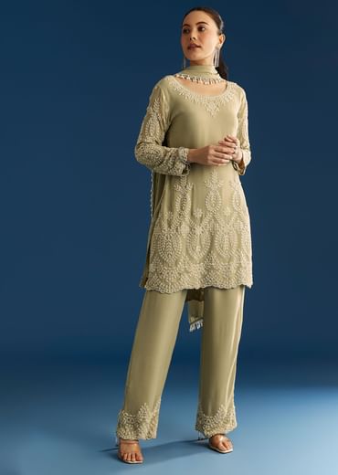 Mint Green Georgette Kurta Set With Beaded Tassel Dupatta