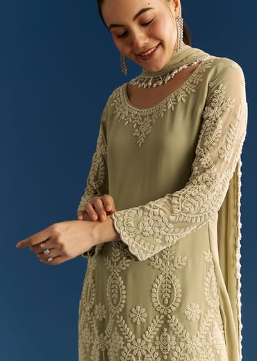 Mint Green Georgette Kurta Set With Beaded Tassel Dupatta