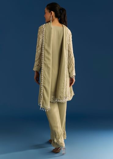 Mint Green Georgette Kurta Set With Beaded Tassel Dupatta