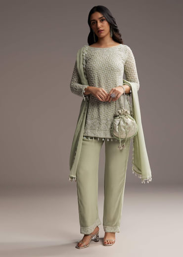Mint Green Georgette Kurta Set With Beads Work