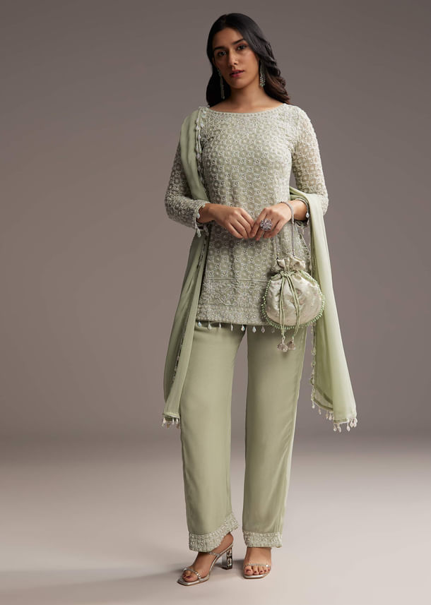 Mint Green Georgette Kurta Set With Beads Work
