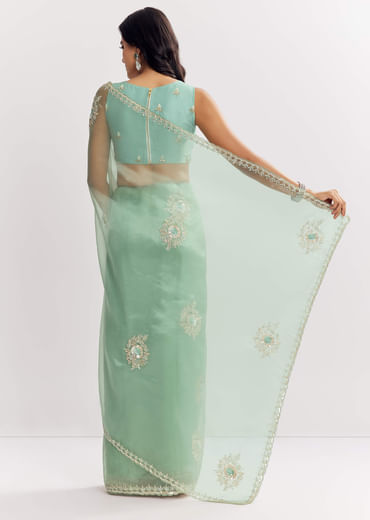 Mint Green Glass Tissue Saree With Cutdana And Sequins Embroidery