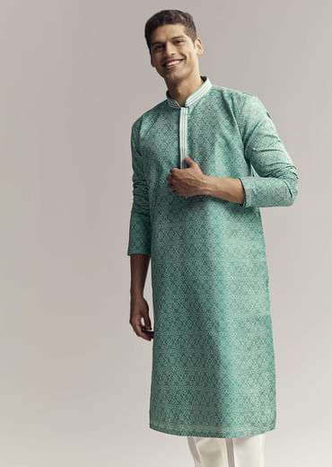 Mint Green Jacquard Kurta Set For Men