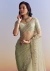 Mint Green Net Saree With Scallop Border And Heavy Embroidery