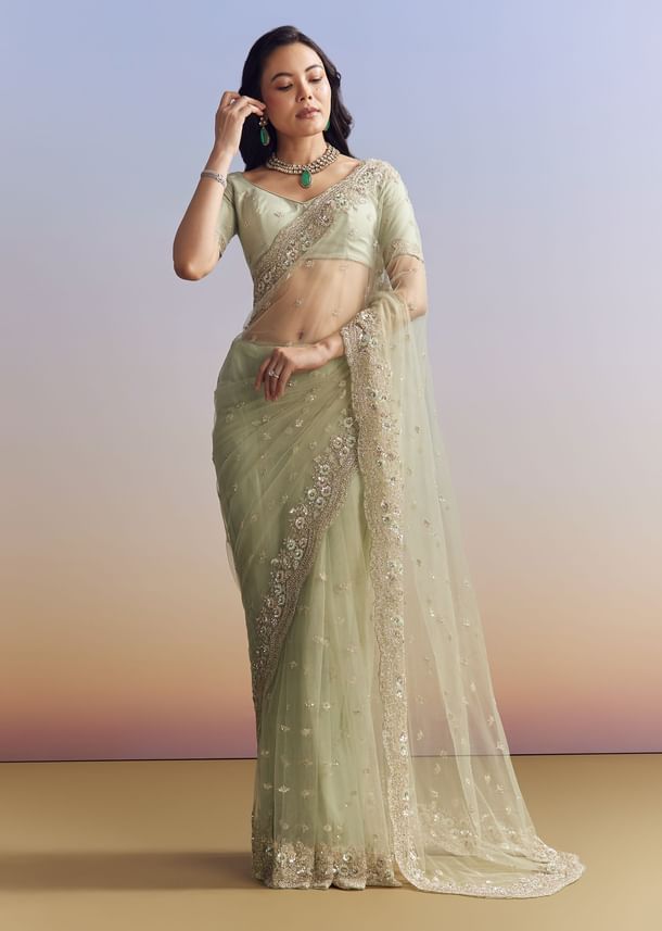 Mint Green Net Saree With Scallop Border And Heavy Embroidery
