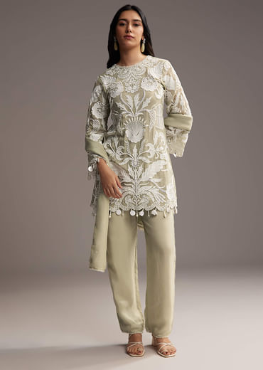 Mint Green Organza Kurta Set With Thread And Moti Work