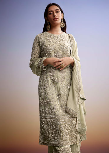 Mint Green Organza Palazzo Suit With Zari And Moti Work