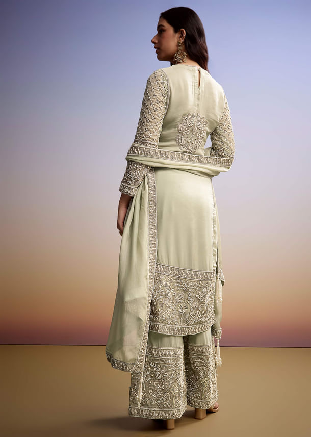 Mint Green Organza Palazzo Suit With Zari And Moti Work