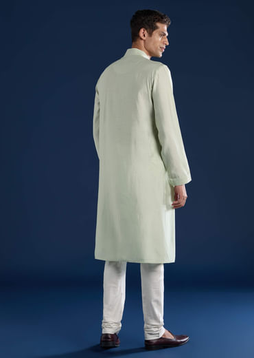 Mint Green Resham Embroidered Mens Kurta and Pant Set