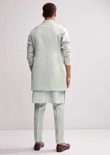 Mint Green Satin Blend Kurta Jacket Set For Men With Zardosi Work