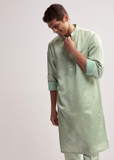 Mint Green Satin Blend Kurta Set For Men With Zardosi Embroidery