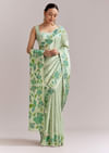 Mint Green Satin Printed Saree With Digital Florals