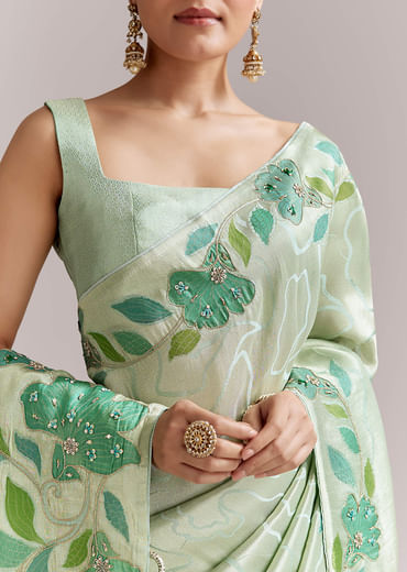 Mint Green Satin Printed Saree With Digital Florals