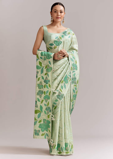 Mint Green Satin Printed Saree With Digital Florals