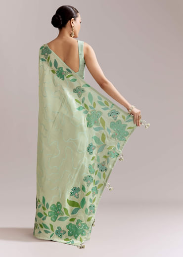 Mint Green Satin Printed Saree With Digital Florals