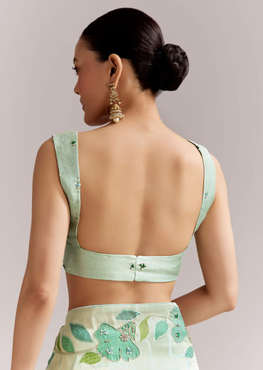 Mint Green Satin Printed Saree With Digital Florals