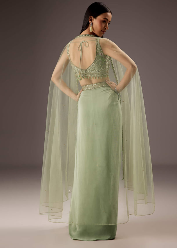 Mint Green Silk Crop Top Skirt With Monotone Embroidery Mint Green Silk Crop Top Skirt With Monotone Embroidery