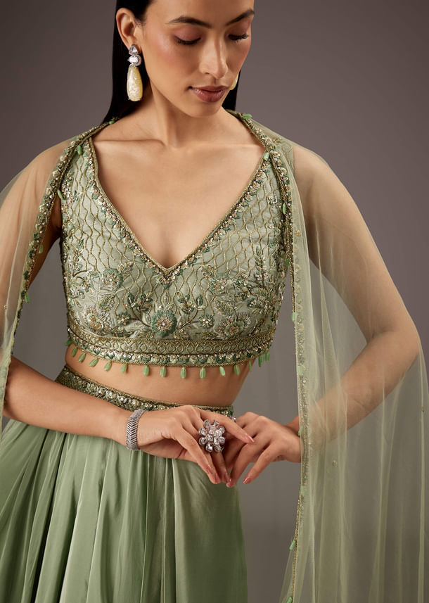 Mint Green Silk Crop Top Skirt With Monotone Embroidery Mint Green Silk Crop Top Skirt With Monotone Embroidery