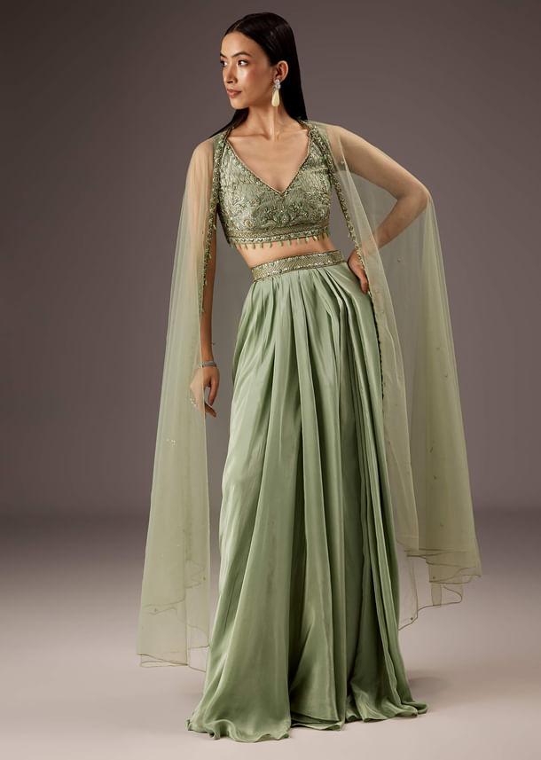 Mint Green Silk Crop Top Skirt With Monotone Embroidery Mint Green Silk Crop Top Skirt With Monotone Embroidery