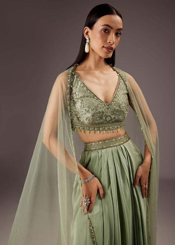 Mint Green Silk Crop Top Skirt With Monotone Embroidery Mint Green Silk Crop Top Skirt With Monotone Embroidery